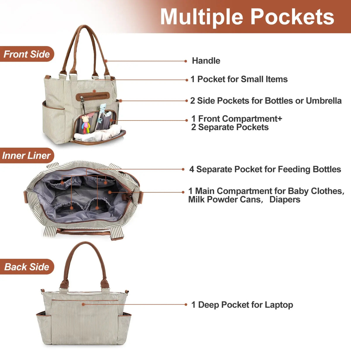 Multifunctional 8 Piece Striped Diaper Bag and Accessory Set
