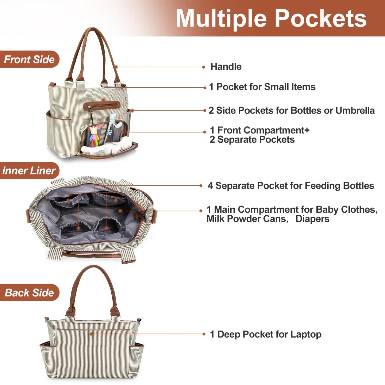 Multifunctional 8 Piece Striped Diaper Bag and Accessory Set