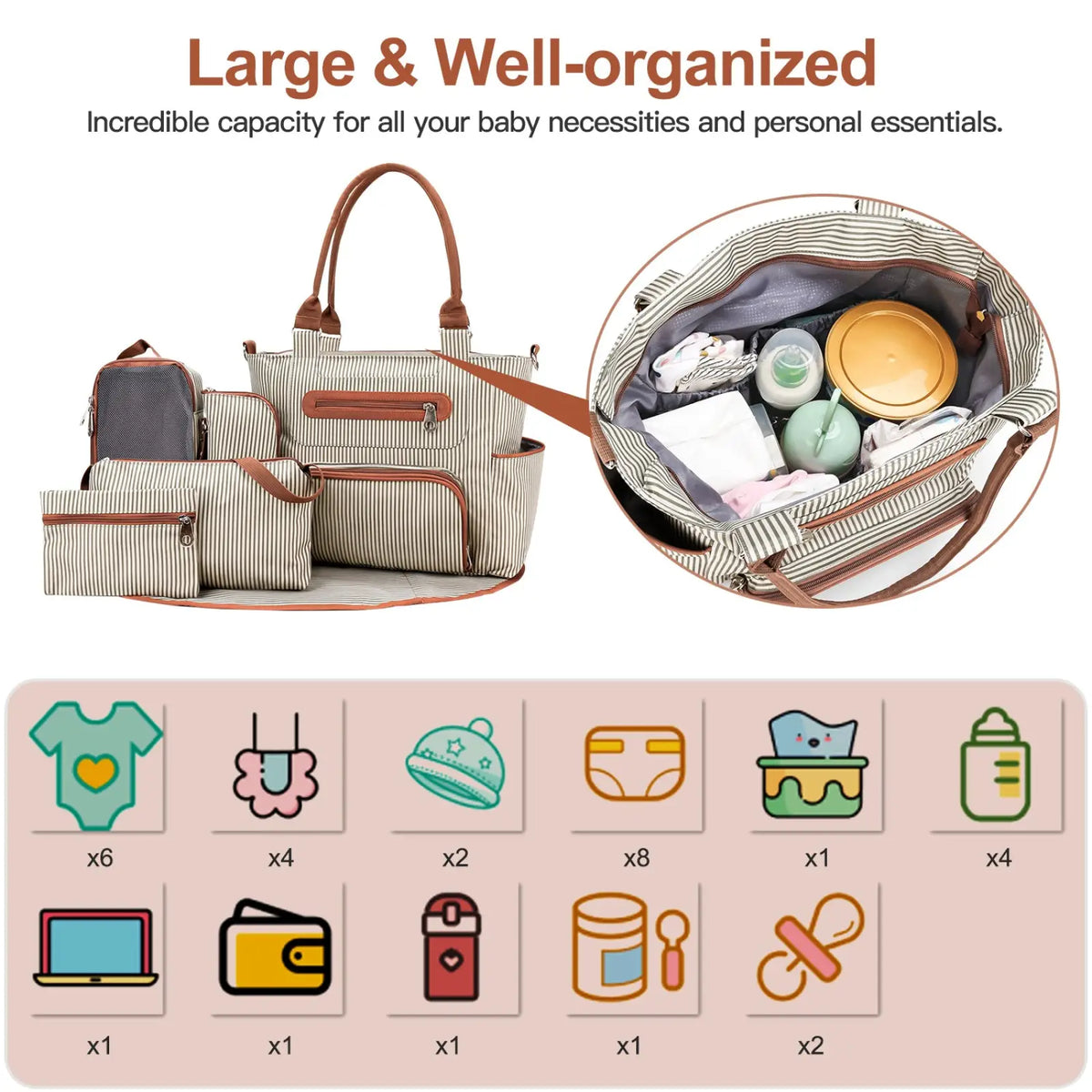 Multifunctional 8 Piece Striped Diaper Bag and Accessory Set
