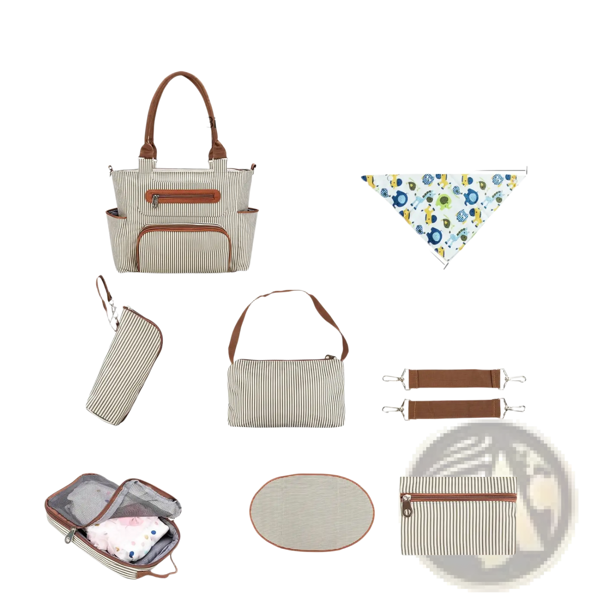 Multifunctional 8 Piece Striped Diaper Bag and Accessory Set