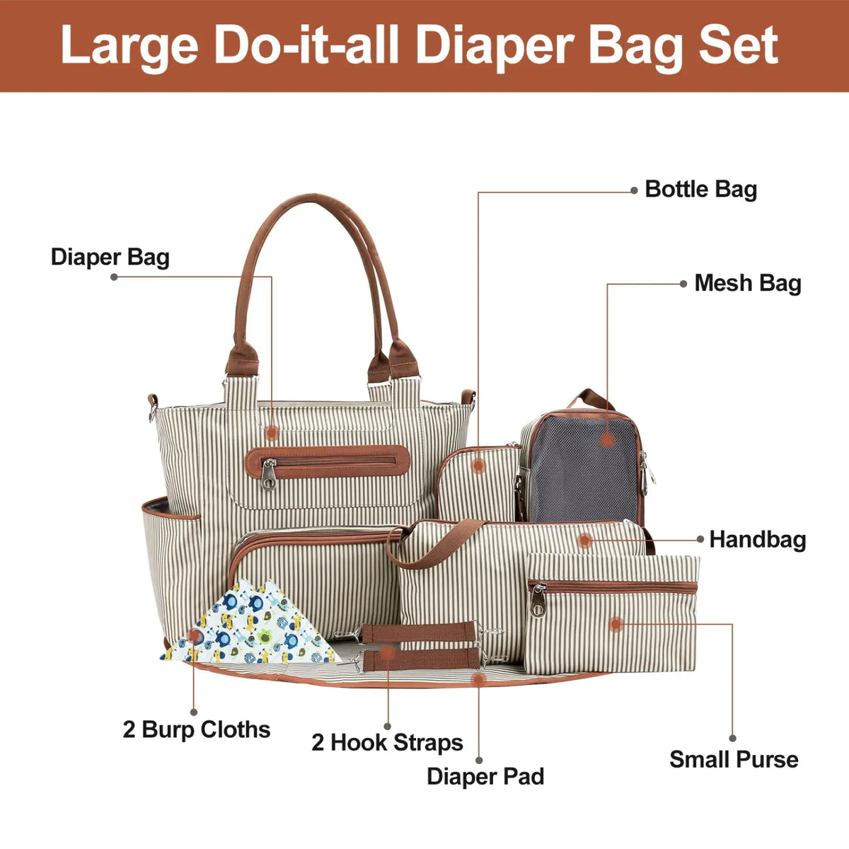 Multifunctional 8 Piece Striped Diaper Bag and Accessory Set