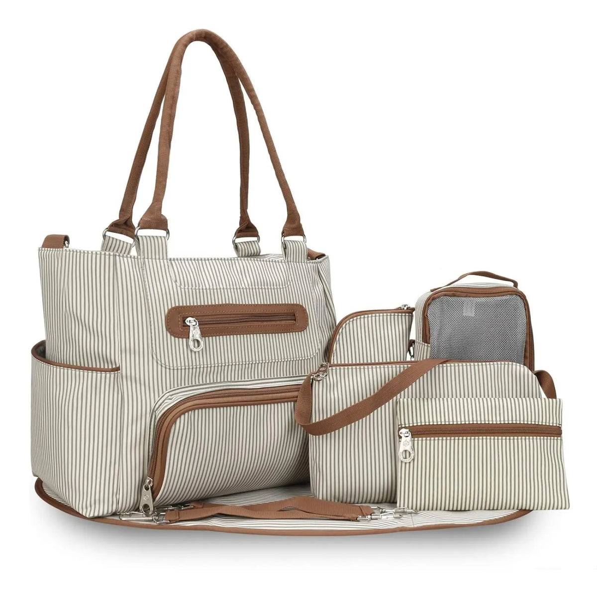 Multifunctional 8 Piece Striped Diaper Bag and Accessory Set