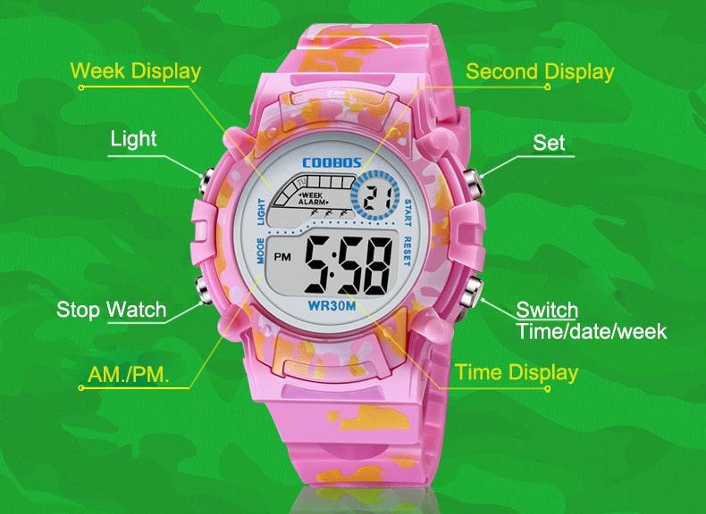 Camouflage Kids Watches LED Colorful Flash Digital Waterproof Watch Sport Multi Function 30M with Alarm Stopwatch Digital for Boys & Girls